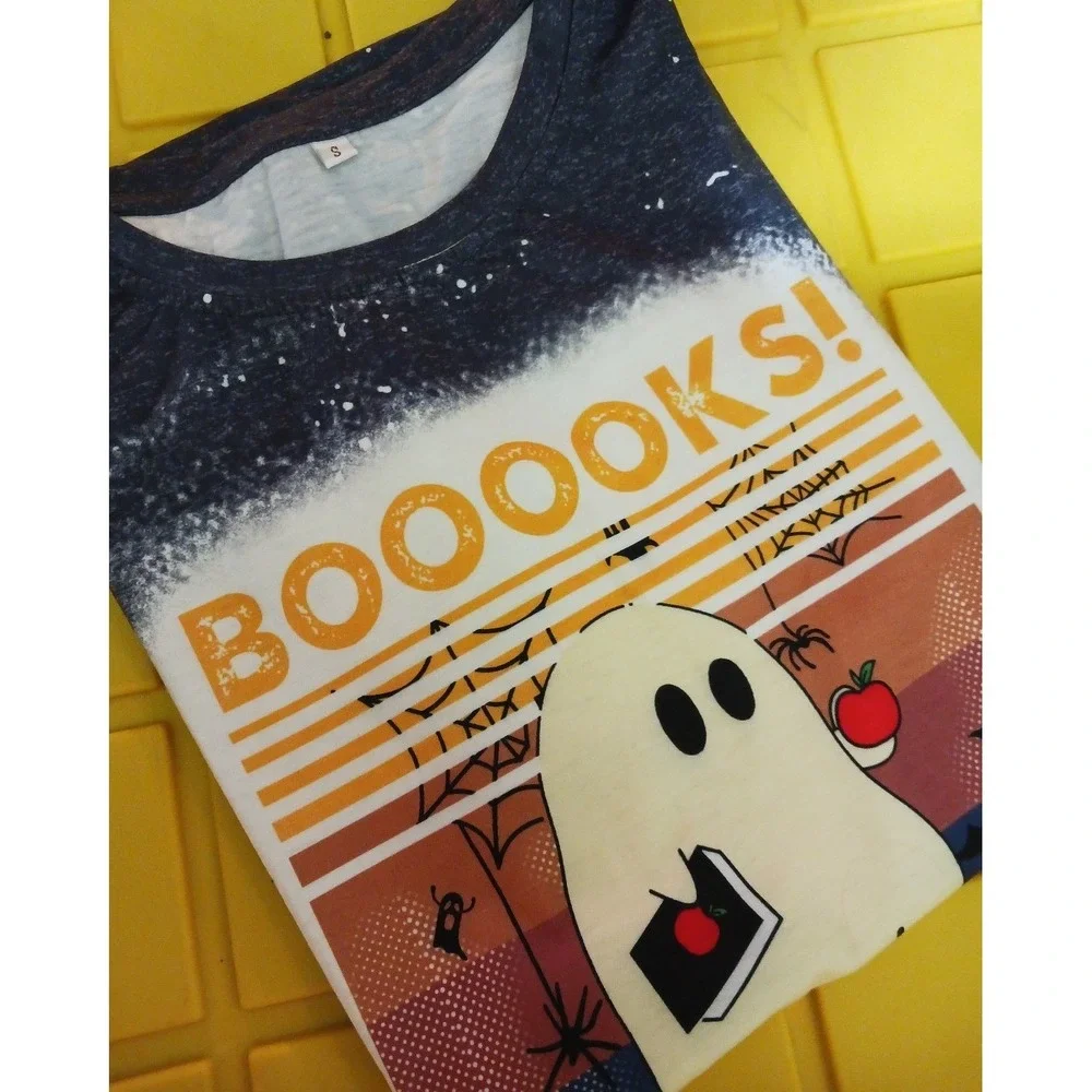 NEW Women's‎ Halloween Ghost Booooks Splattered Oversized Tee, Small, Librarian